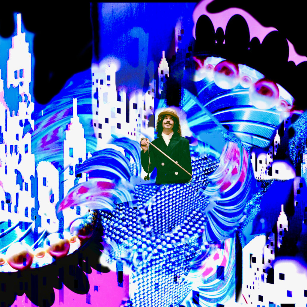 Colorful depiction of a city with blue and purple colors. 